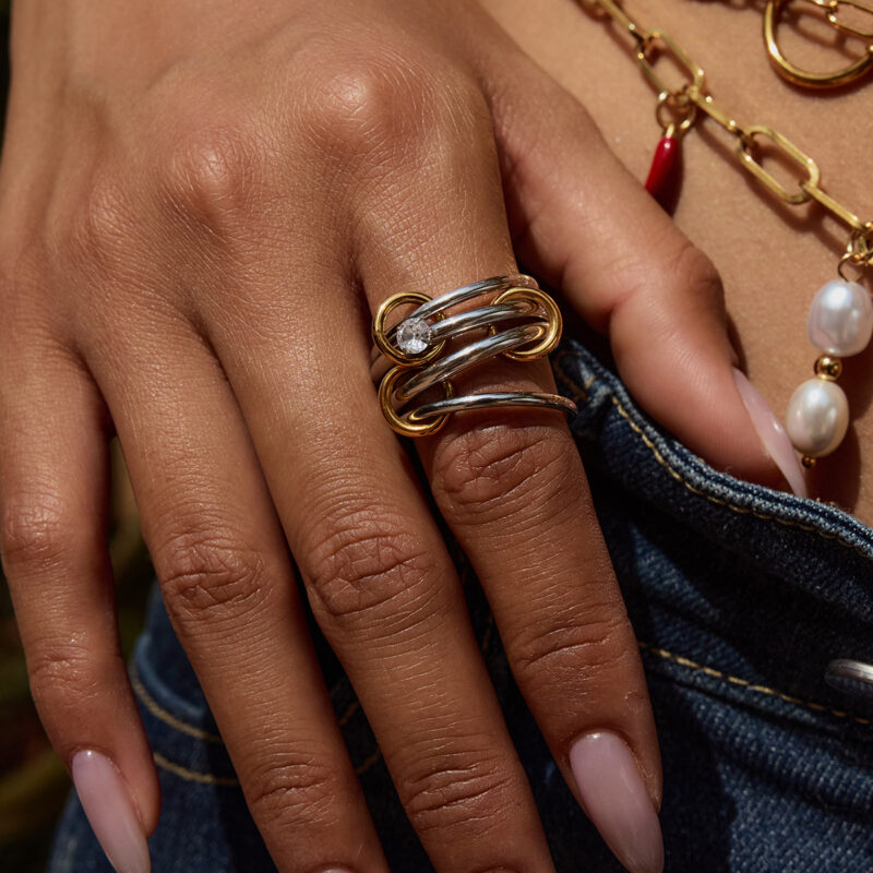 J&D Modern Minimalist 18K Gold Stainless Steel Two Tone Mosaic Multi-finger Zircon Link Rings - Image 4