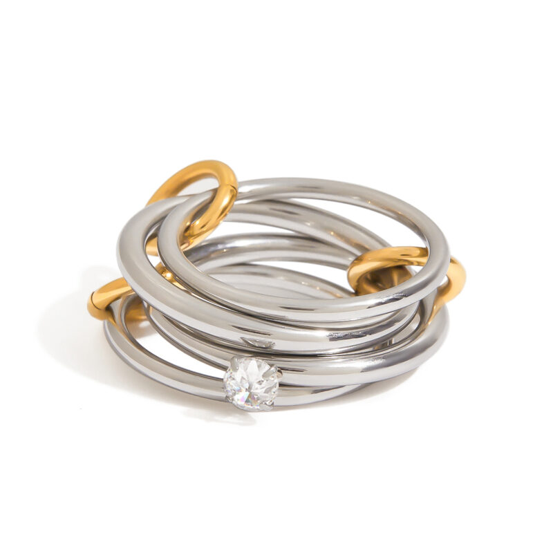 J&D Modern Minimalist 18K Gold Stainless Steel Two Tone Mosaic Multi-finger Zircon Link Rings - Image 2