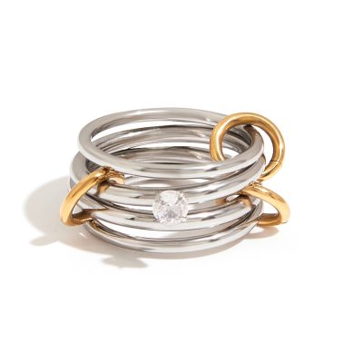 J&D Modern Minimalist 18K Gold Stainless Steel Two Tone Mosaic Multi-finger Zircon Link Rings
