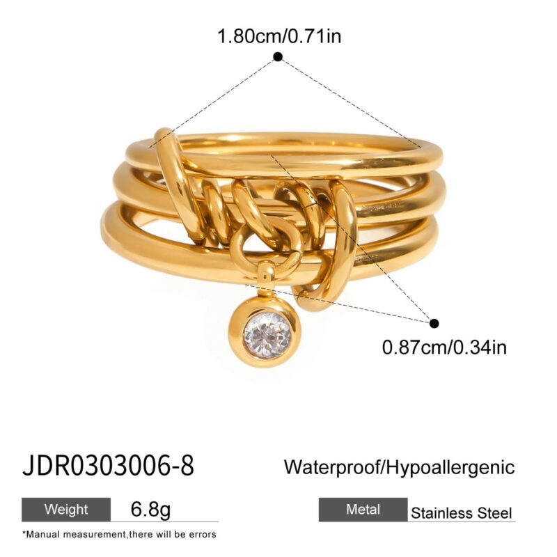 J&D Modern Fashion 18K Gold Plated Stainless Steel Multi-ring Multi-finger Zircon Charm Link Rings - Image 3