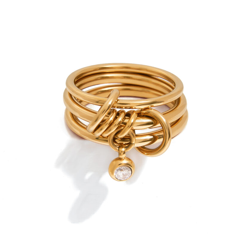J&D Modern Fashion 18K Gold Plated Stainless Steel Multi-ring Multi-finger Zircon Charm Link Rings - Image 2
