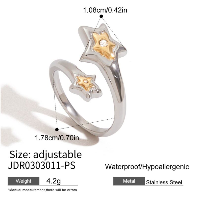 J&D Trendy Designer 18K Gold Plated Stainless Steel Celestial Star Adjustable Ring with Rhinestone Fashion Jewelry for Women - Image 6