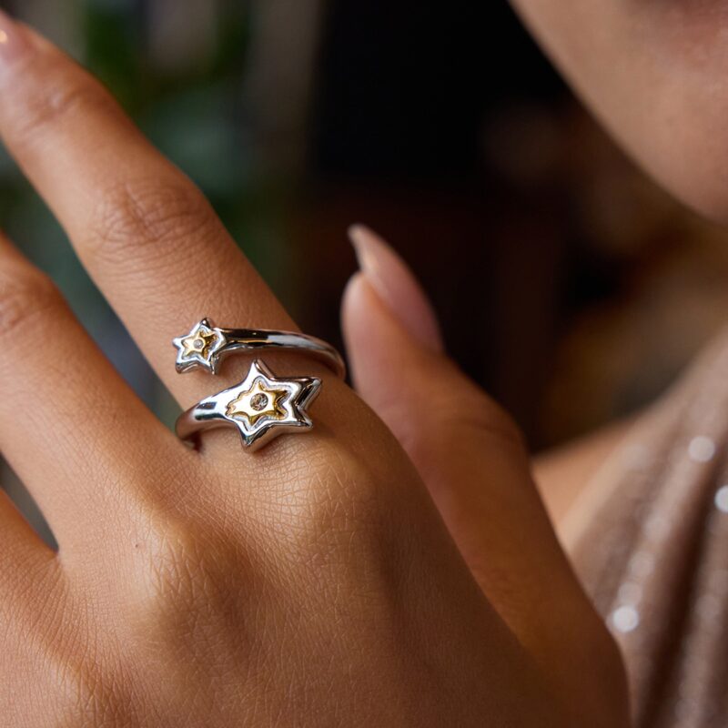 J&D Trendy Designer 18K Gold Plated Stainless Steel Celestial Star Adjustable Ring with Rhinestone Fashion Jewelry for Women - Image 4