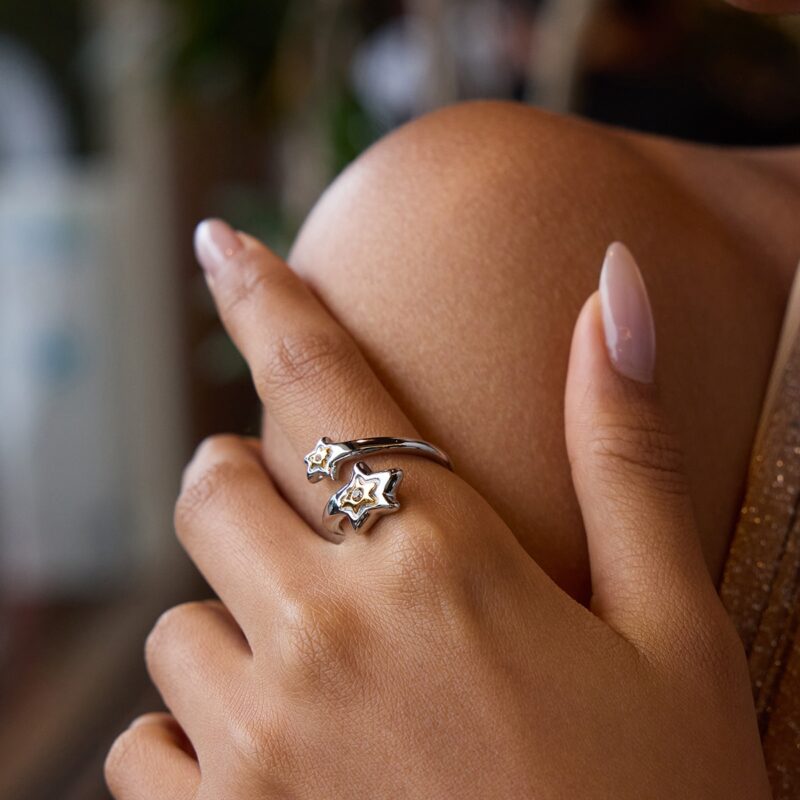 J&D Trendy Designer 18K Gold Plated Stainless Steel Celestial Star Adjustable Ring with Rhinestone Fashion Jewelry for Women - Image 3