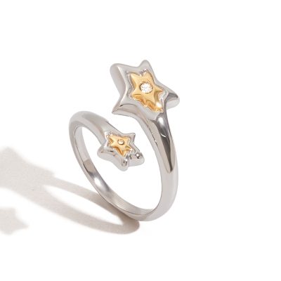 J&D Trendy Designer 18K Gold Plated Stainless Steel Celestial Star Adjustable Ring with Rhinestone Fashion Jewelry for Women