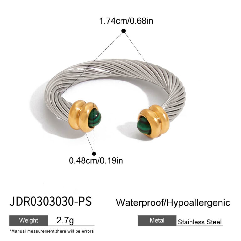 Modern Minimalist 18K Gold Stainless Steel Adjustable Ring - Genuine Malachite Inlaid Ribbed Open Band Jewelry for Women - Image 3