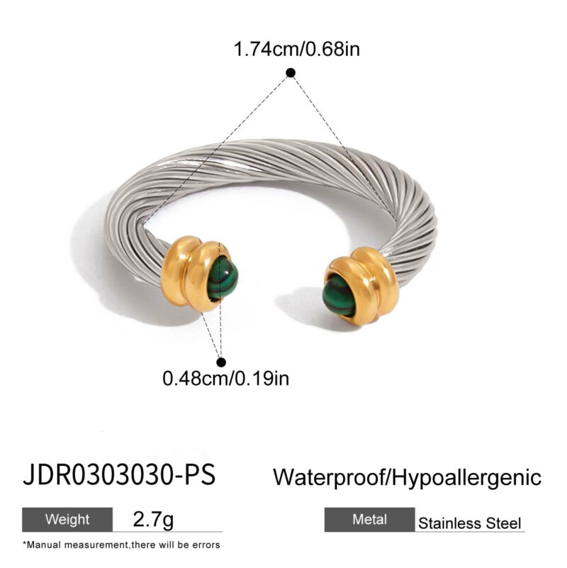 Modern Minimalist 18K Gold Stainless Steel Adjustable Ring - Genuine Malachite Inlaid Ribbed Open Band Jewelry for Women - Image 3