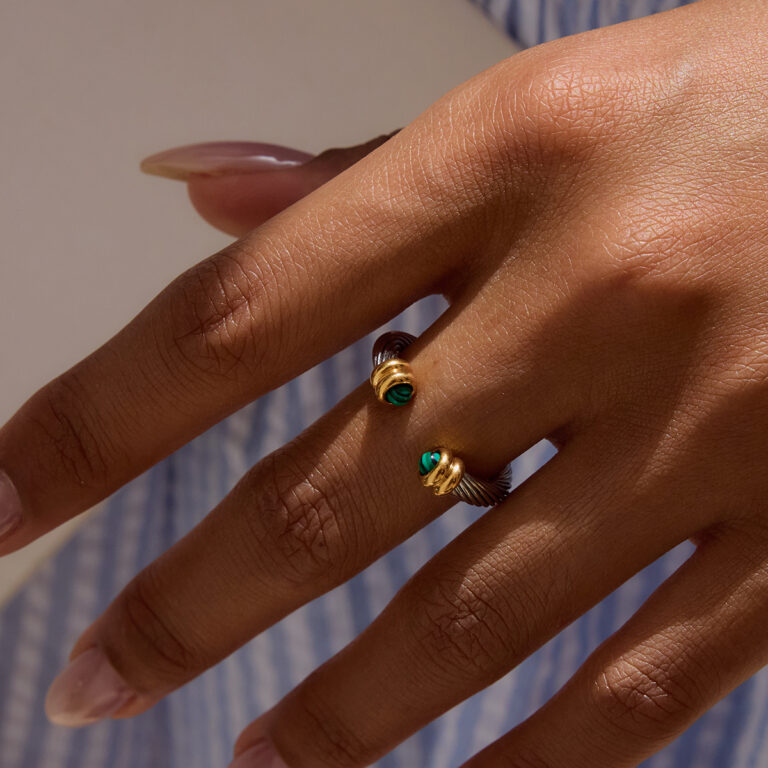 Modern Minimalist 18K Gold Stainless Steel Adjustable Ring - Genuine Malachite Inlaid Ribbed Open Band Jewelry for Women - Image 2