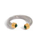 Modern Minimalist 18K Gold Stainless Steel Adjustable Ring - Genuine Malachite Inlaid Ribbed Open Band Jewelry for Women
