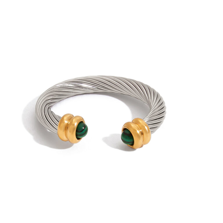 Modern Minimalist 18K Gold Stainless Steel Adjustable Ring - Genuine Malachite Inlaid Ribbed Open Band Jewelry for Women