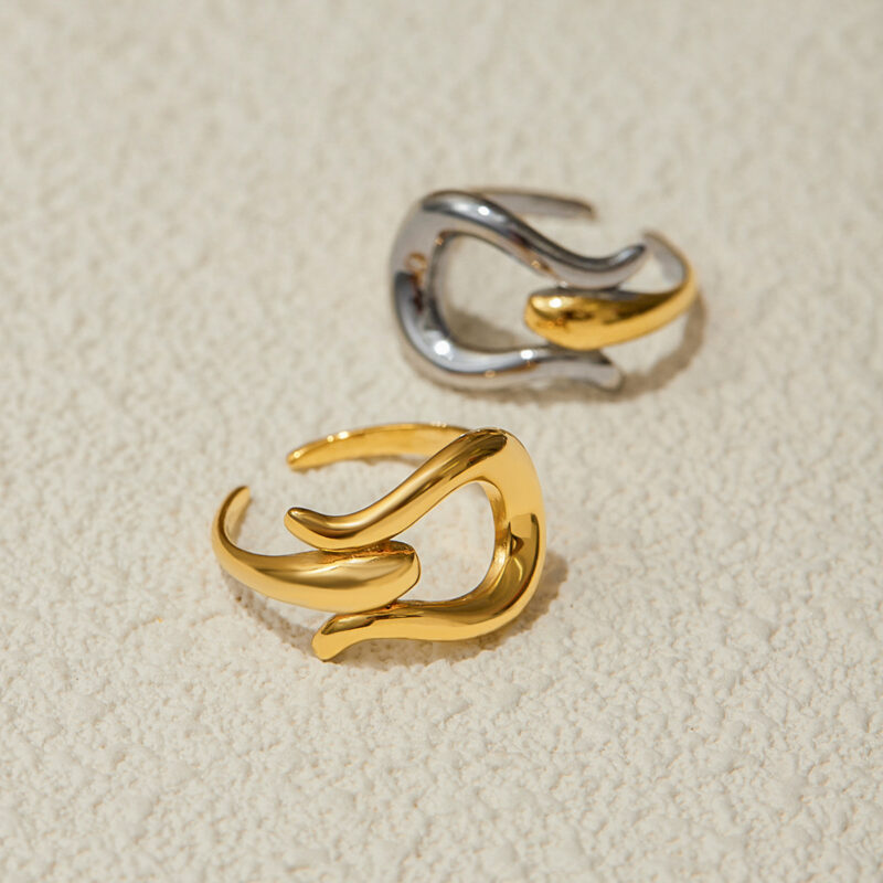 18K Gold Stainless Steel Two-Tone Irregular Cutout Open Ring - Image 6