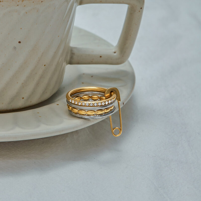 Classic Women's 18K Gold Two-Tone Spiral Hammered Paperclip Stacking Ring - Image 2