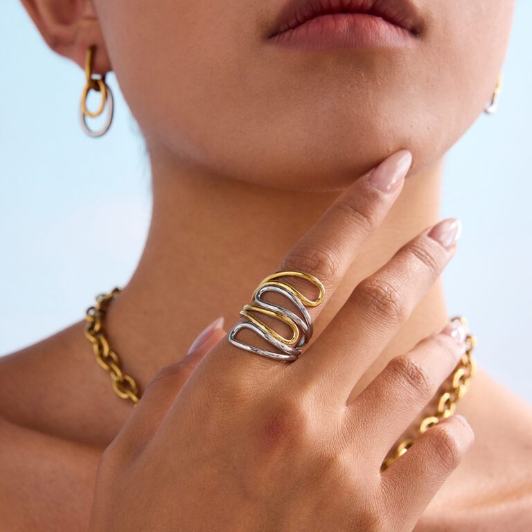Minimalist 18K Gold Stainless Steel Twisted Hollow Multi-Layer Open Ring - Gold & Silver Tone for Women - Image 2