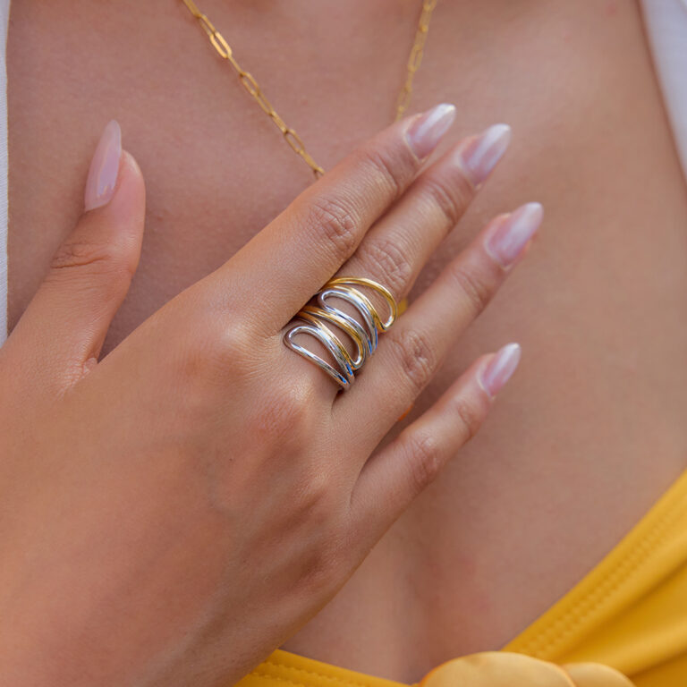 Minimalist 18K Gold Stainless Steel Twisted Hollow Multi-Layer Open Ring - Gold & Silver Tone for Women - Image 3