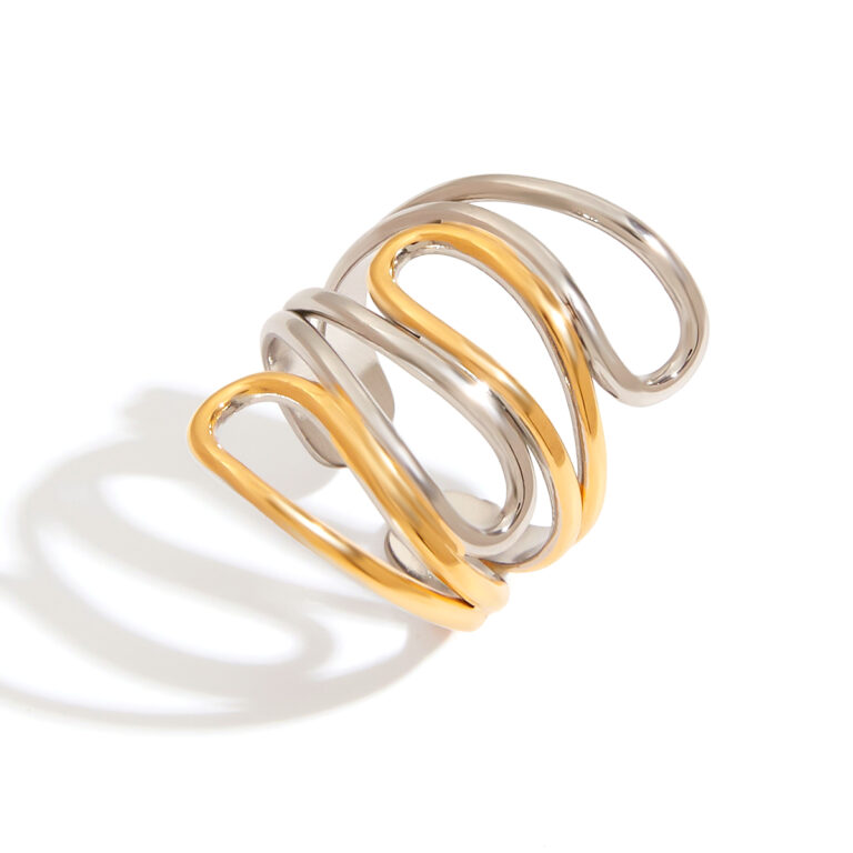 Minimalist 18K Gold Stainless Steel Twisted Hollow Multi-Layer Open Ring - Gold & Silver Tone for Women