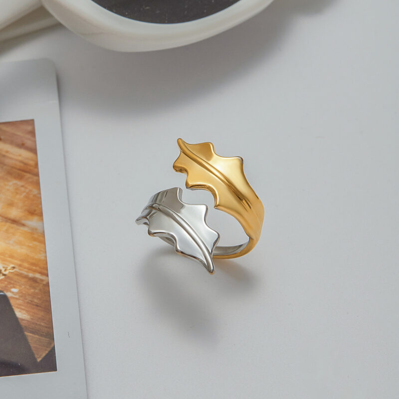 18K Gold Stainless Steel Two-Tone Leaf Open Ring for Women - Image 3