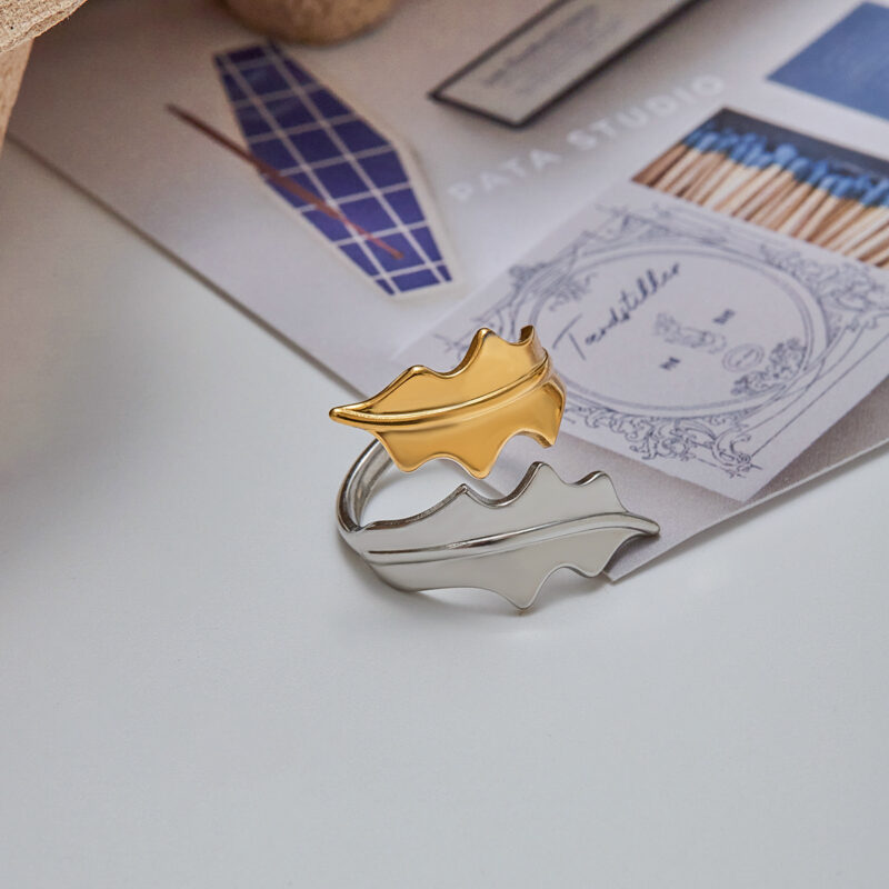 18K Gold Stainless Steel Two-Tone Leaf Open Ring for Women - Image 2