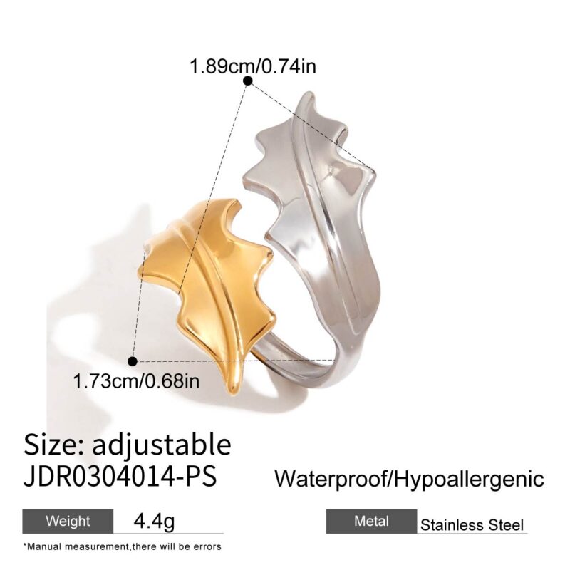 18K Gold Stainless Steel Two-Tone Leaf Open Ring for Women - Image 6