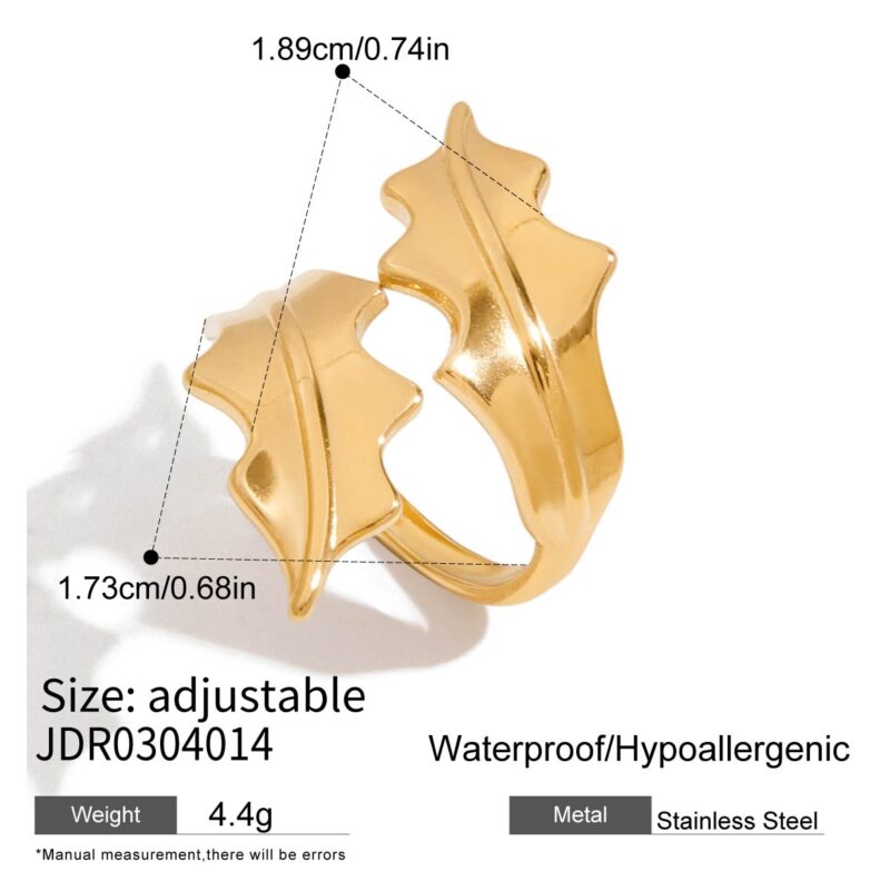 18K Gold Stainless Steel Minimalist Leaf Open Ring for Women - Image 5