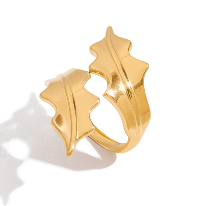 18K Gold Stainless Steel Minimalist Leaf Open Ring for Women