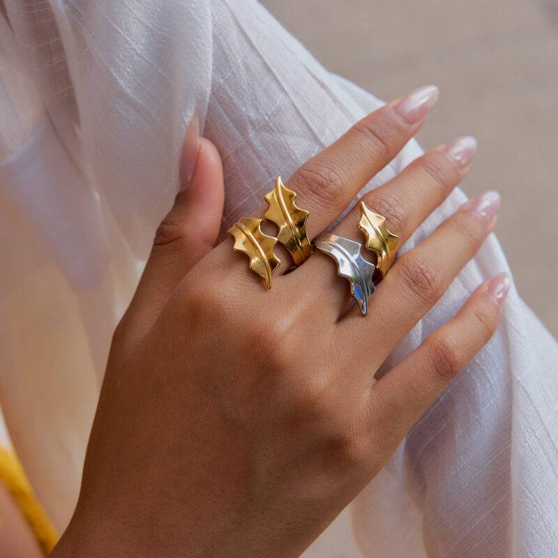 18K Gold Stainless Steel Two-Tone Leaf Open Ring for Women - Image 5