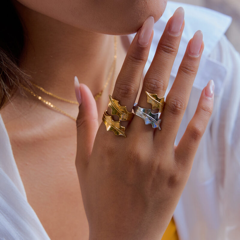 18K Gold Stainless Steel Two-Tone Leaf Open Ring for Women - Image 4