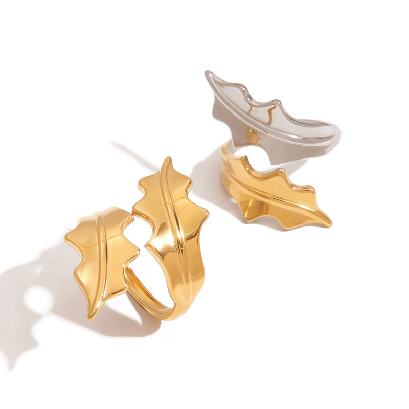 18K Gold Stainless Steel Minimalist Leaf Open Ring for Women - Image 4