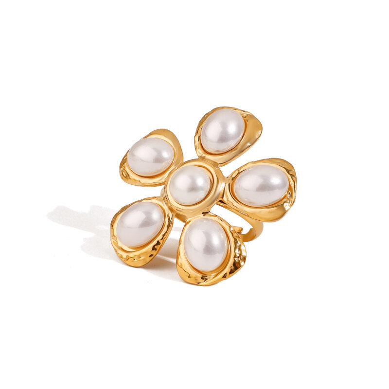 J&D 18K Gold Stainless Steel Sweet and Romantic High-End Imitation Shell Beads Hammer Pattern Flower Adjustable Ring