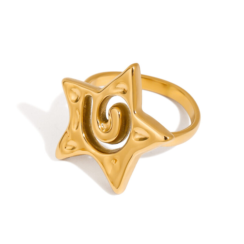 J&D Fashion Star Modern High-Polished Stainless Steel Ring 18K Gold Plated Spiral Hammered Finger Ring for Engagement Classic