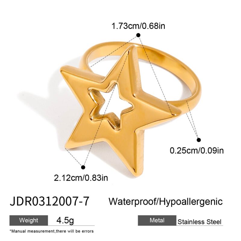 J&D Modern 18K Gold Plated Stainless Steel Open Ring Minimalist Star Hollowed High Polished Engagement Finger Ring Classic Style - Image 5