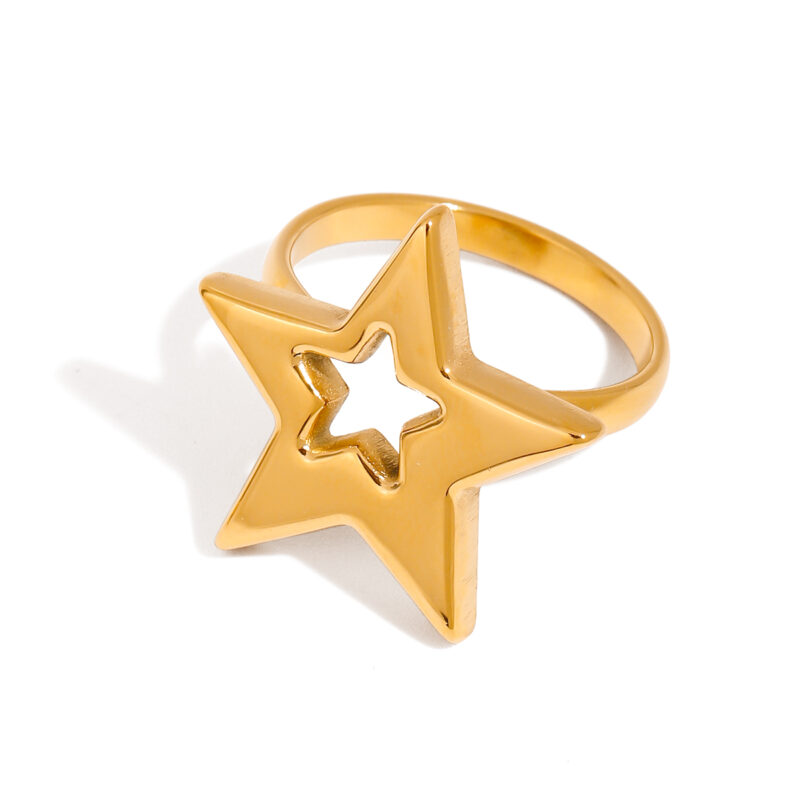 J&D Modern 18K Gold Plated Stainless Steel Open Ring Minimalist Star Hollowed High Polished Engagement Finger Ring Classic Style