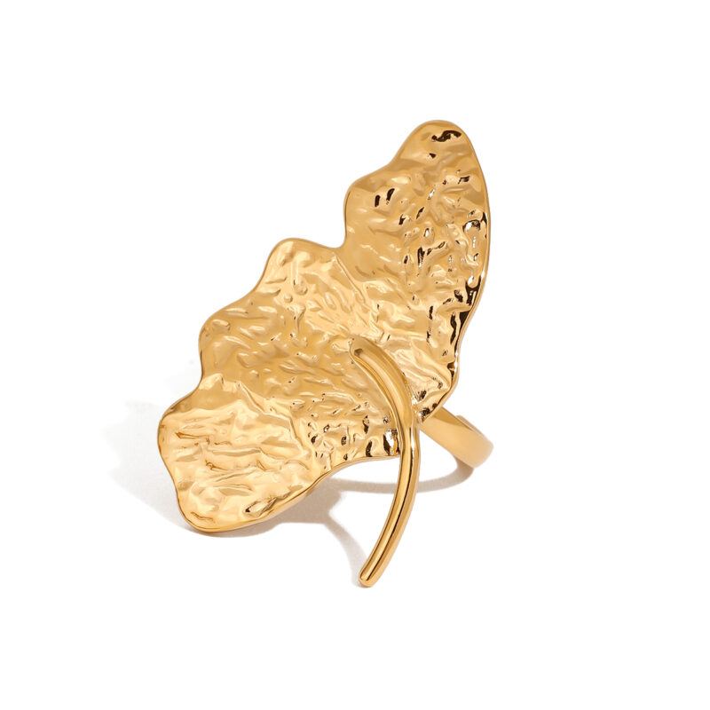 J&D Summer Holiday Design 18K Gold Stainless Steel Hammered Ginkgo Leaf Adjustable Open Rings