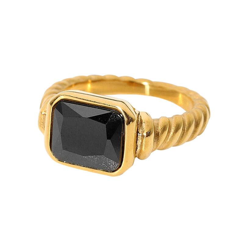 J&D Fashionable Minimalist 18K Gold Plated Statement Stainless Steel Summer Black Ring