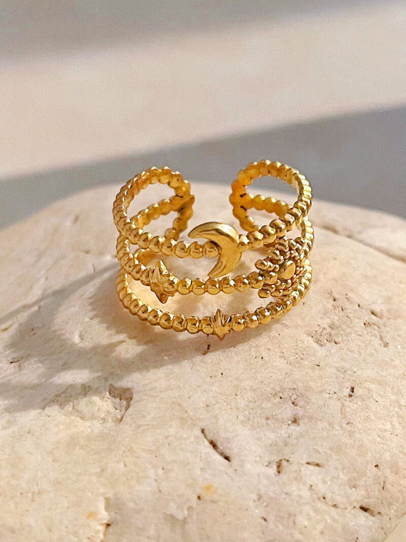 Boho 3 Layered Beaded Rings 18K Gold Plated Moon Star Opening Rings Custom Stainless Steel Finger Jewelry Ring for Women - Image 3