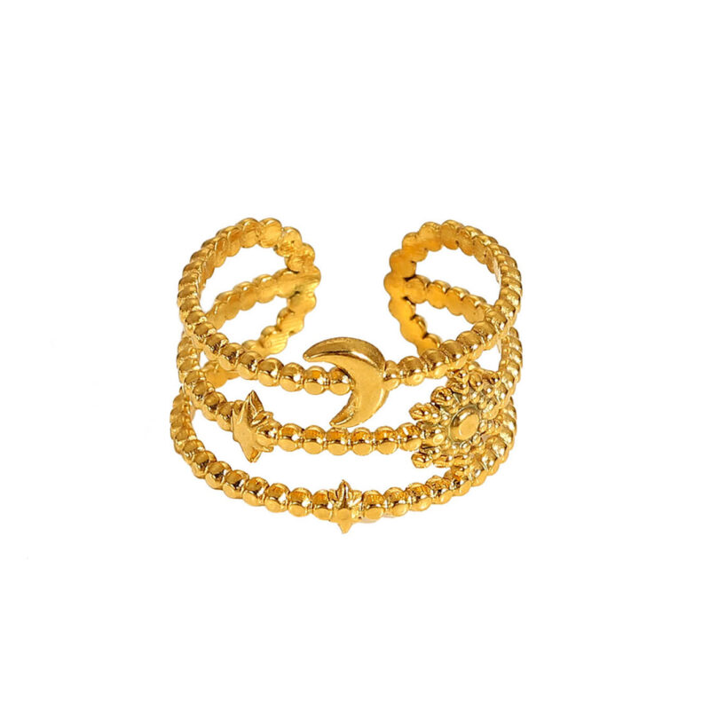 Boho 3 Layered Beaded Rings 18K Gold Plated Moon Star Opening Rings Custom Stainless Steel Finger Jewelry Ring for Women