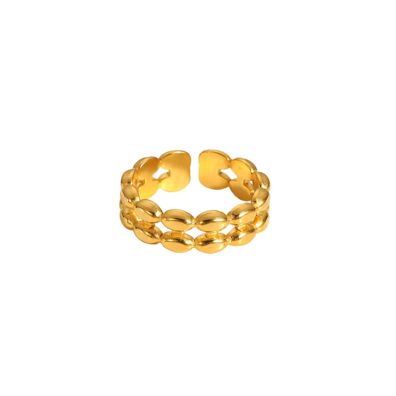 18k Gold Plated Double Layer Geometric Oval Bean Beads Open Stainless Steel Finger Rings for Woman