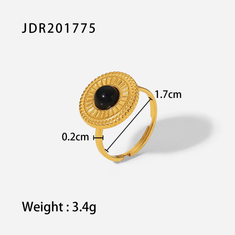 2022 New Stainless Steel Black Semi-Precious Stone Adjustable Ring Round Button Disc Black for Woman - Image 3