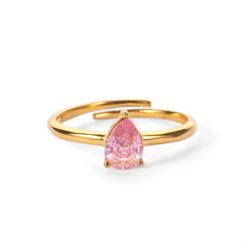 18K Gold Plated Pink Oval Water Drop Zircon Adjustable Stainless Steel Dainty Rings for Women