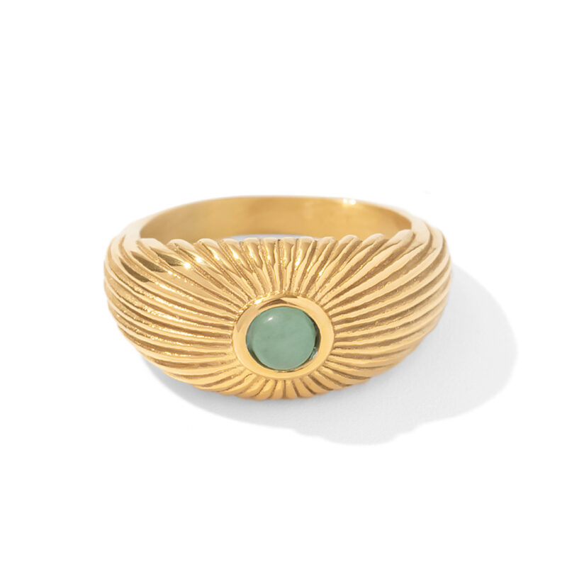 18K Gold Plated Stainless Steel Wide Chunky Natural Green Stone Sun Shape Rings Punk Style Unisex