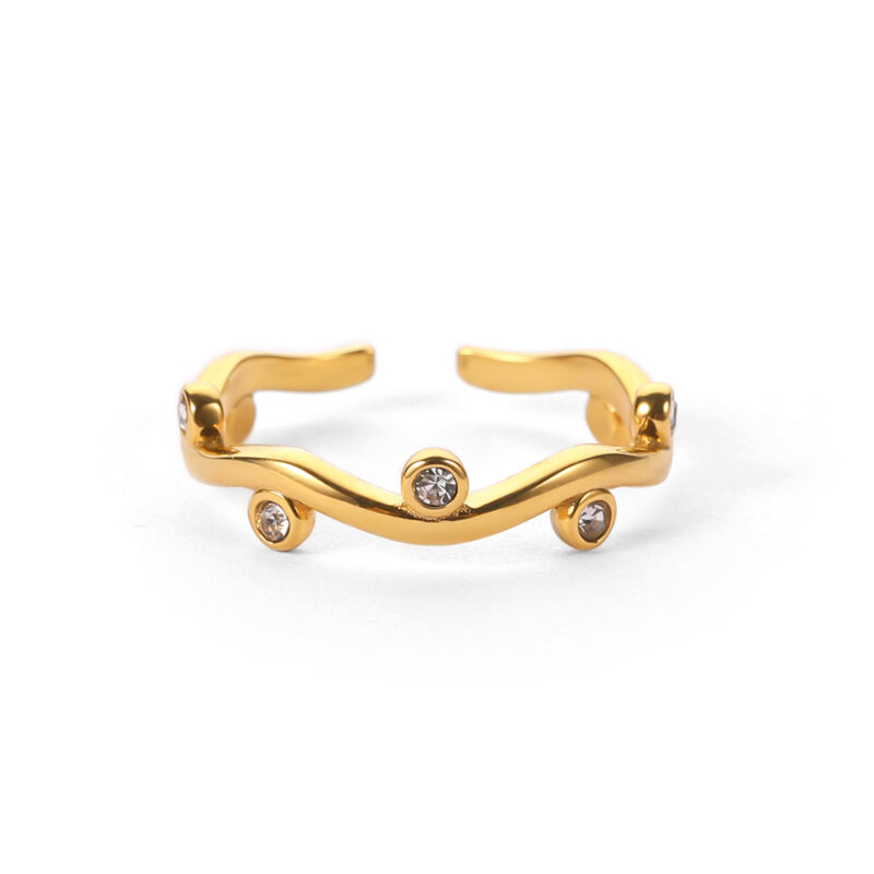 J&D 18K Gold Plated White Round Zircon Willow Leaf Stainless Steel Rings Women Daily Jewelry