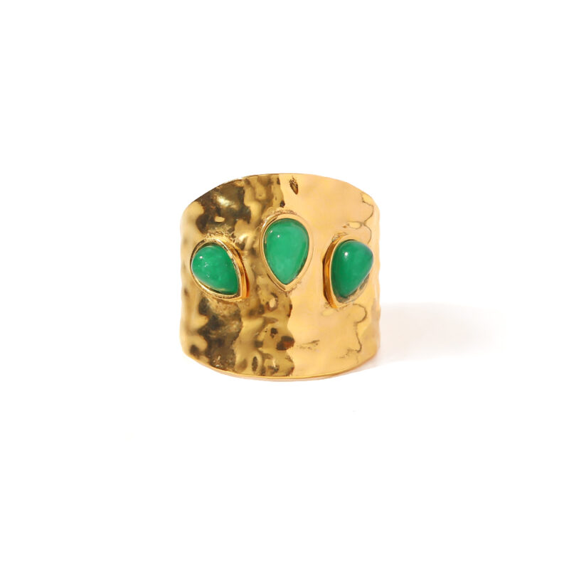 3 Irregular Green Natural Stone Chunky Hammered 18K Gold Plated Stainless Steel Opening Ring