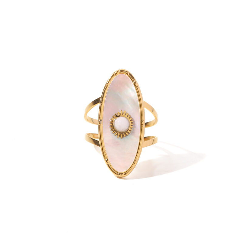 Oval Round Natural Shell Pearl 18K PVD Gold Plated Stainless Steel Opening Rings Women Jewelry