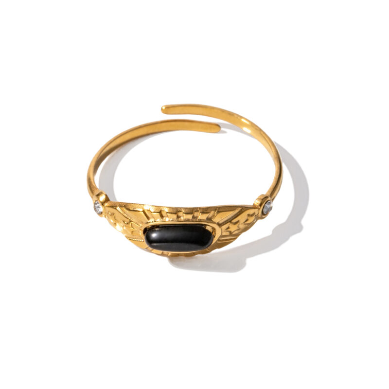 16K Gold Plated Stainless Steel White Natural Stone Jade Cubic Zirconia Sun Star Design Adjustable Ring