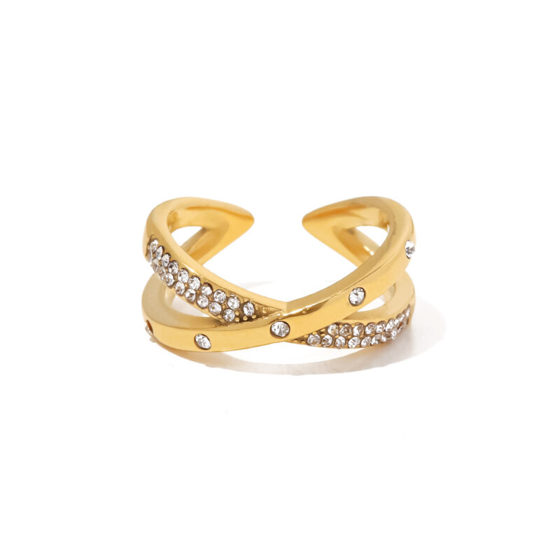 18K Gold Plated Stainless Steel Double Layer Zircon X Cross Opening Rings Jewelry Gift for Women