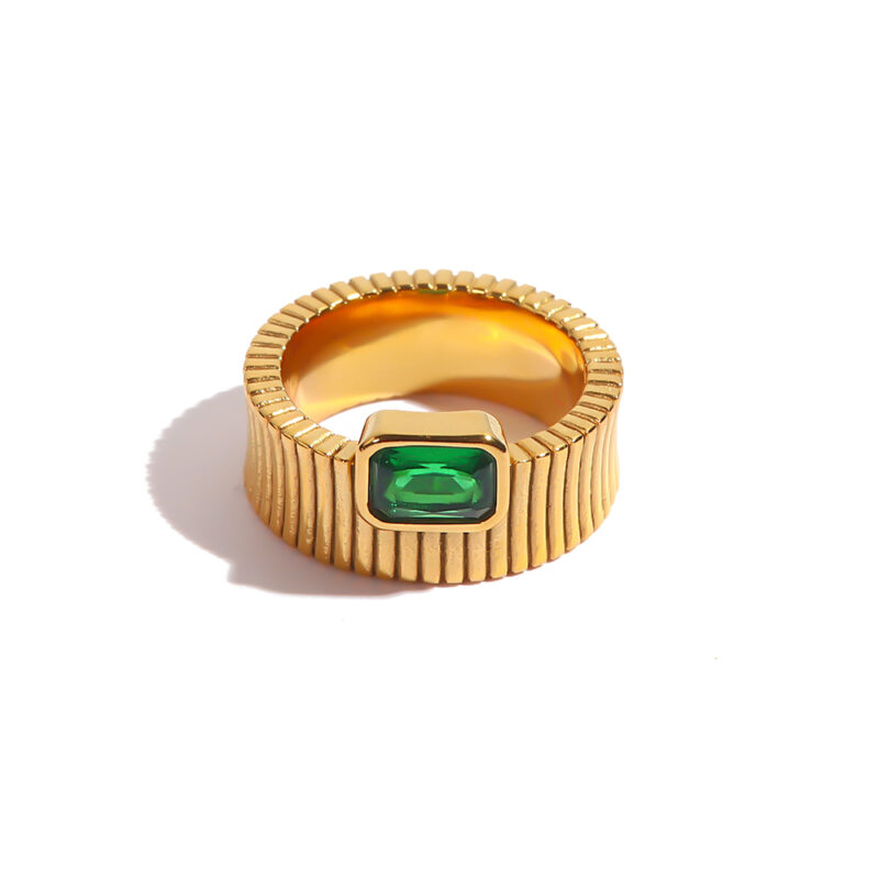 J&D Fashionable Minimalist 18K Gold Plated Statement Stainless Steel Summer Green Ring