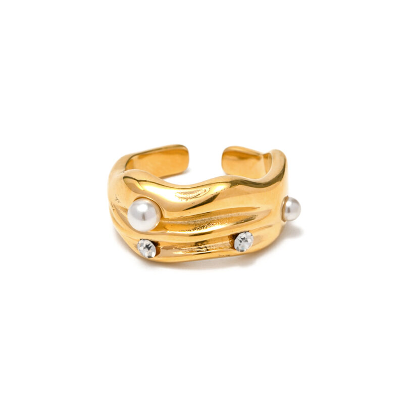 Geometric Pearl Zirconia Inlaid Opening Finger Rings 18k Gold Plated Stainless Steel Muti Layer Rings