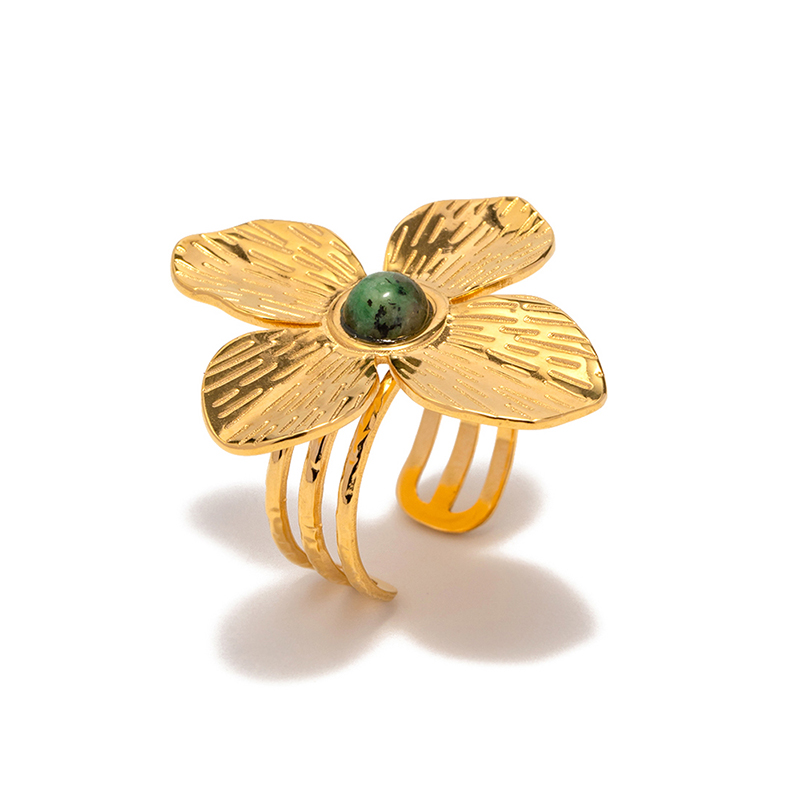 J&D Designer 18K Gold Plated Rings Stainless Steel Anti-Tarnish Charm Flower Turquoise Opening Rings