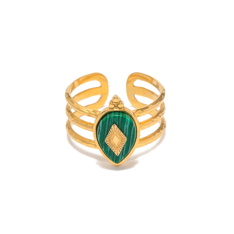 18K Gold Plated Malachite Natural Stone Exquisite Open Rings Hollow Layers Design Fashion Jewelry