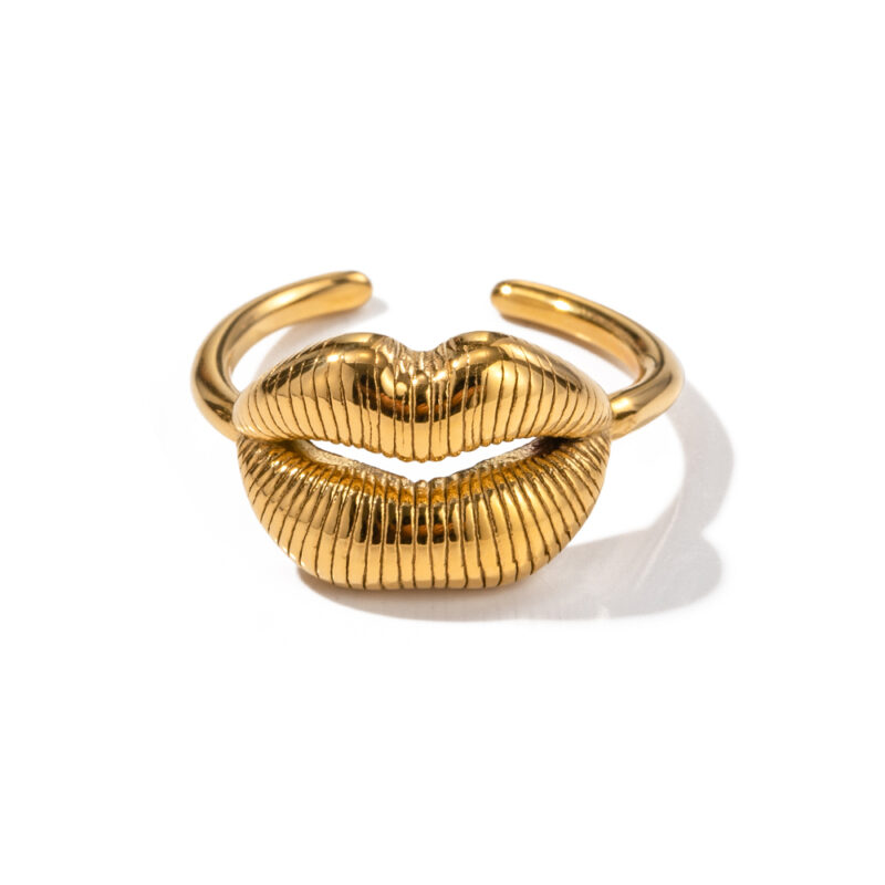 Chunky Jewelry 18K Gold Plated Lip Design Finger Rings Gift Stainless Steel Texture Lip Open Ring for Girls