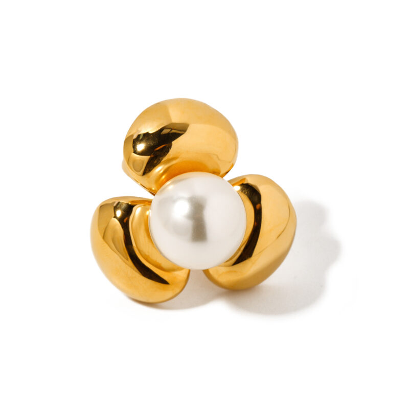 J&D Fashion Jewelry Gold Plated Rings Waterproof Stainless Steel Flower Inlay Pearl Finger Rings Women